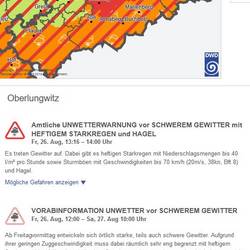 Unwetterwarnung für das Gebiet Oberlungwitz und die umliegende Region